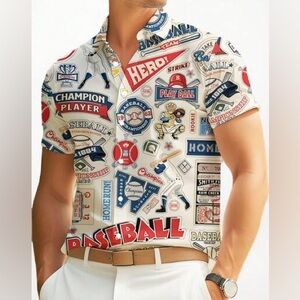 Baseball Shirt Short Sleeve Button Down Men’s Size Medium Champion Play Ball